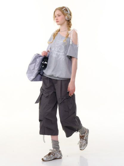 Bow Wide Legged Cargo Drawstring Cropped Pants【s0000013076】