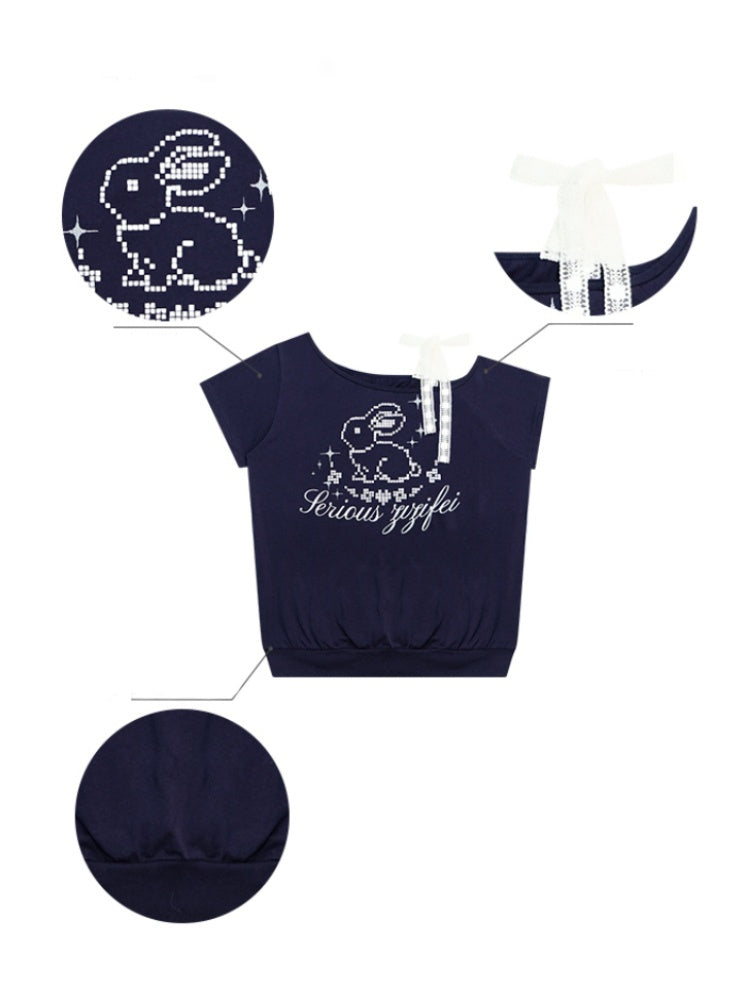 Pixel Rabbit Lace Ribbon Off Shoulder T-Shirt【s0000013078】