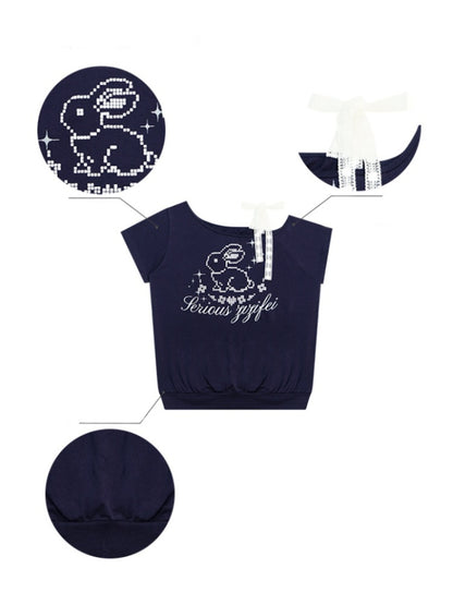 Pixel Rabbit Lace Ribbon Off Shoulder T-Shirt【s0000013078】