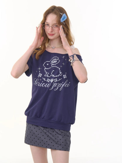 Pixel Rabbit Lace Ribbon Off Shoulder T-Shirt【s0000013078】