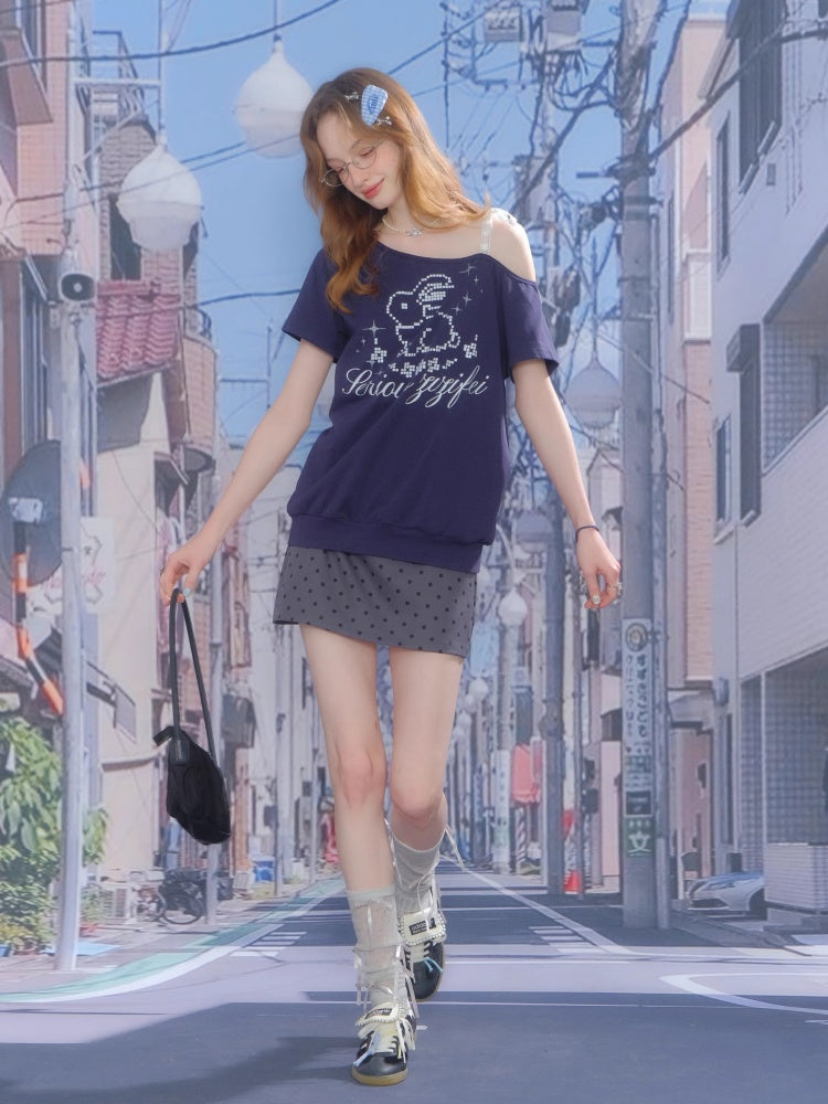 Pixel Rabbit Lace Ribbon Off Shoulder T-Shirt【s0000013078】