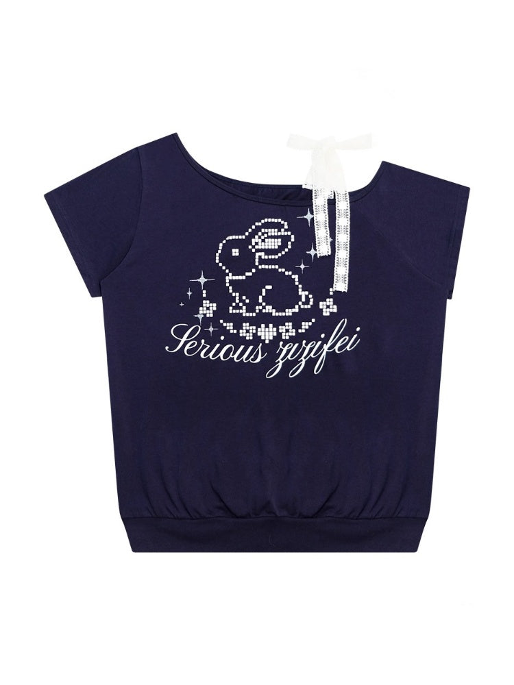 Pixel Rabbit Lace Ribbon Off Shoulder T-Shirt【s0000013078】