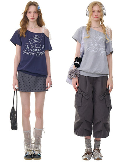 Pixel Rabbit Lace Ribbon Off Shoulder T-Shirt【s0000013078】