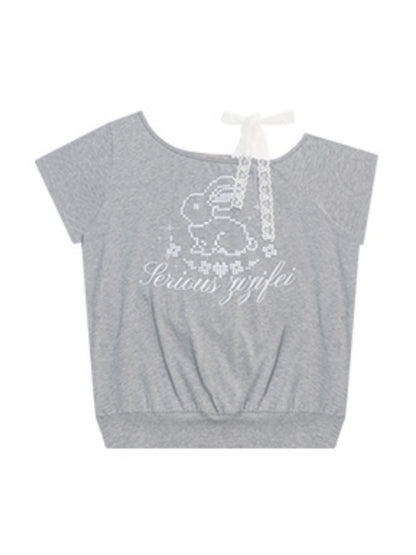 Pixel Rabbit Lace Ribbon Off Shoulder T-Shirt【s0000013078】