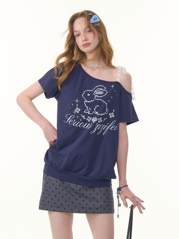Pixel Rabbit Lace Ribbon Off Shoulder T-Shirt【s0000013078】