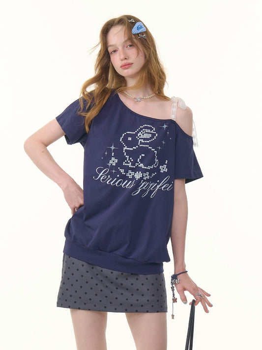 Pixel Rabbit Lace Ribbon Off Shoulder T-Shirt【s0000013078】