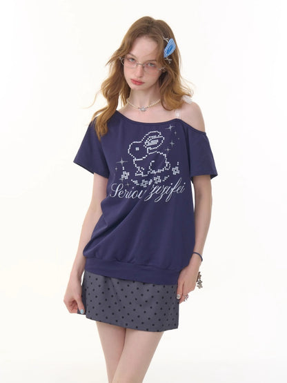 Pixel Rabbit Lace Ribbon Off Shoulder T-Shirt【s0000013078】