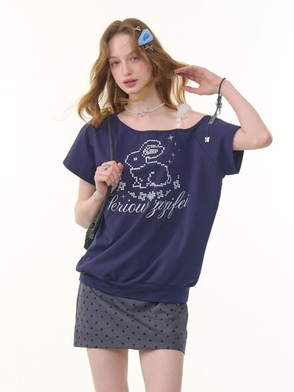 Pixel Rabbit Lace Ribbon Off Shoulder T-Shirt【s0000013078】