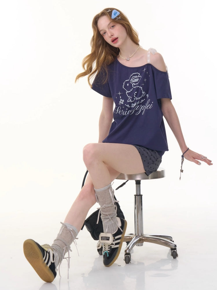 Pixel Rabbit Lace Ribbon Off Shoulder T-Shirt【s0000013078】