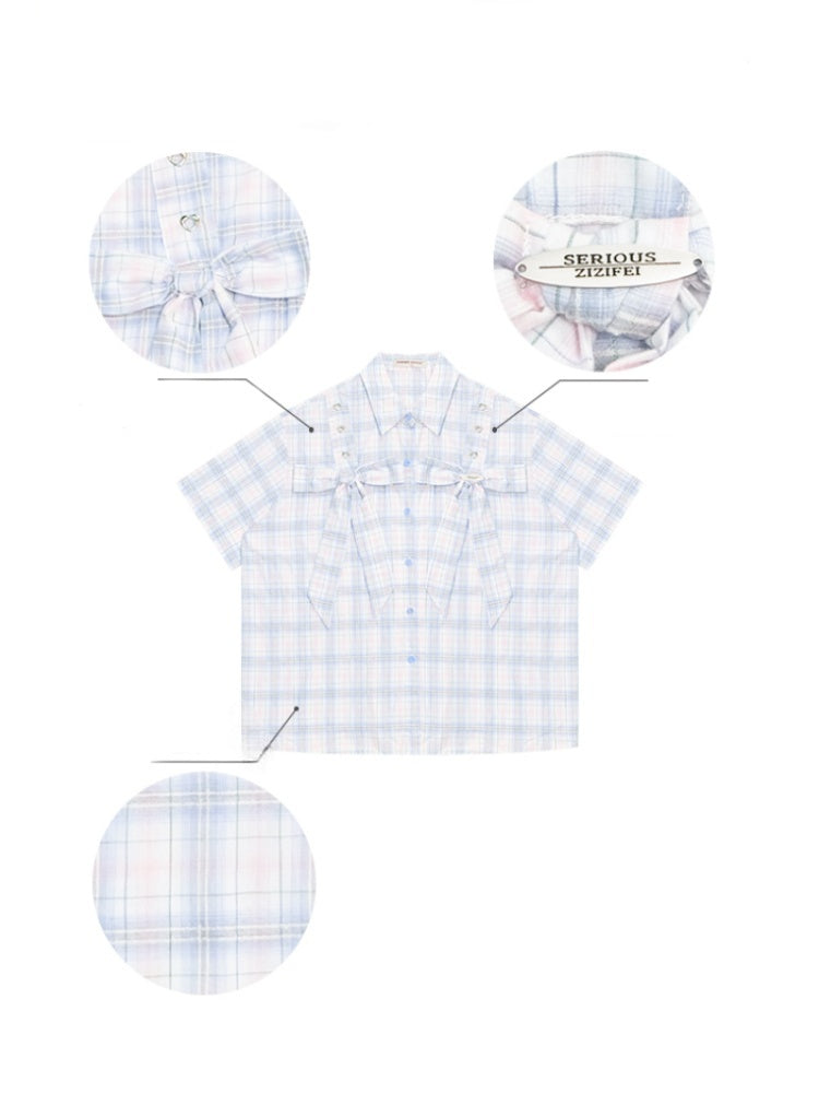 Pastel Check Front Big Ribbon Short Sleeve Shirt【s0000013079】
