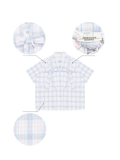 Pastel Check Front Big Ribbon Short Sleeve Shirt【s0000013079】