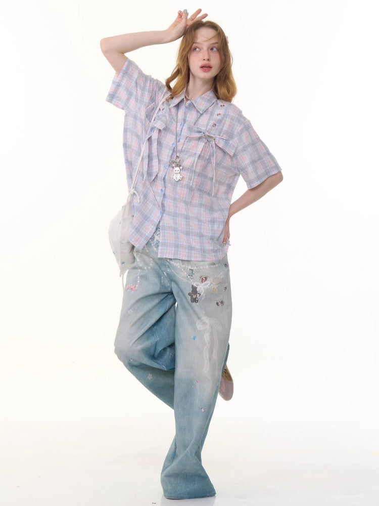 Pastel Check Front Big Ribbon Short Sleeve Shirt【s0000013079】