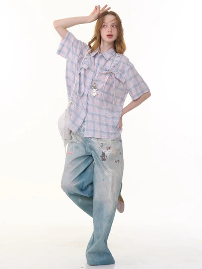 Pastel Check Front Big Ribbon Short Sleeve Shirt【s0000013079】