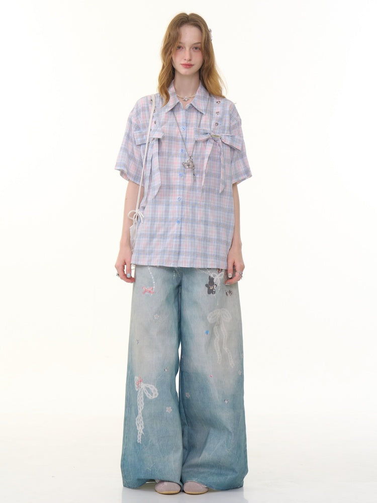 Pastel Check Front Big Ribbon Short Sleeve Shirt【s0000013079】