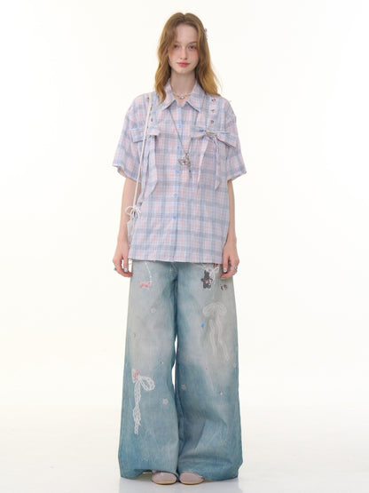 Pastel Check Front Big Ribbon Short Sleeve Shirt【s0000013079】