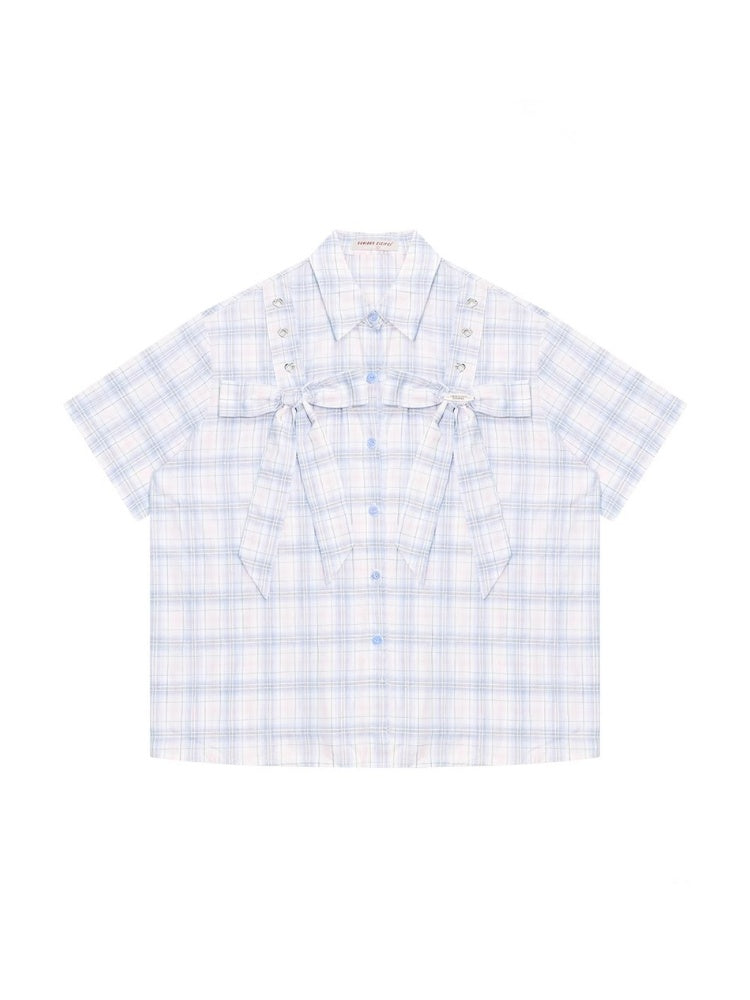 Pastel Check Front Big Ribbon Short Sleeve Shirt【s0000013079】