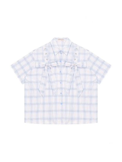 Pastel Check Front Big Ribbon Short Sleeve Shirt【s0000013079】