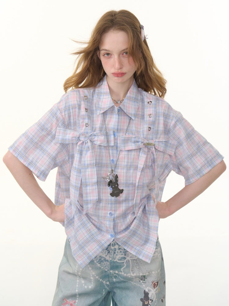Pastel Check Front Big Ribbon Short Sleeve Shirt【s0000013079】