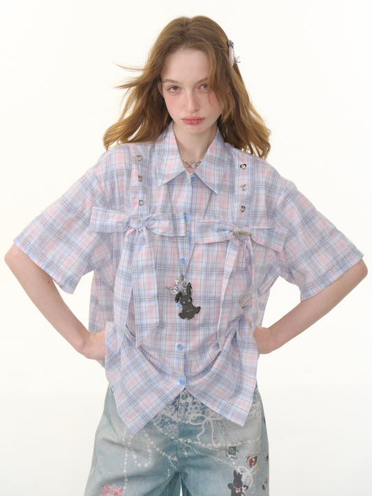 Pastel Check Front Big Ribbon Short Sleeve Shirt【s0000013079】