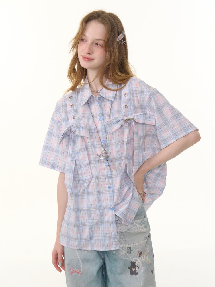 Pastel Check Front Big Ribbon Short Sleeve Shirt【s0000013079】