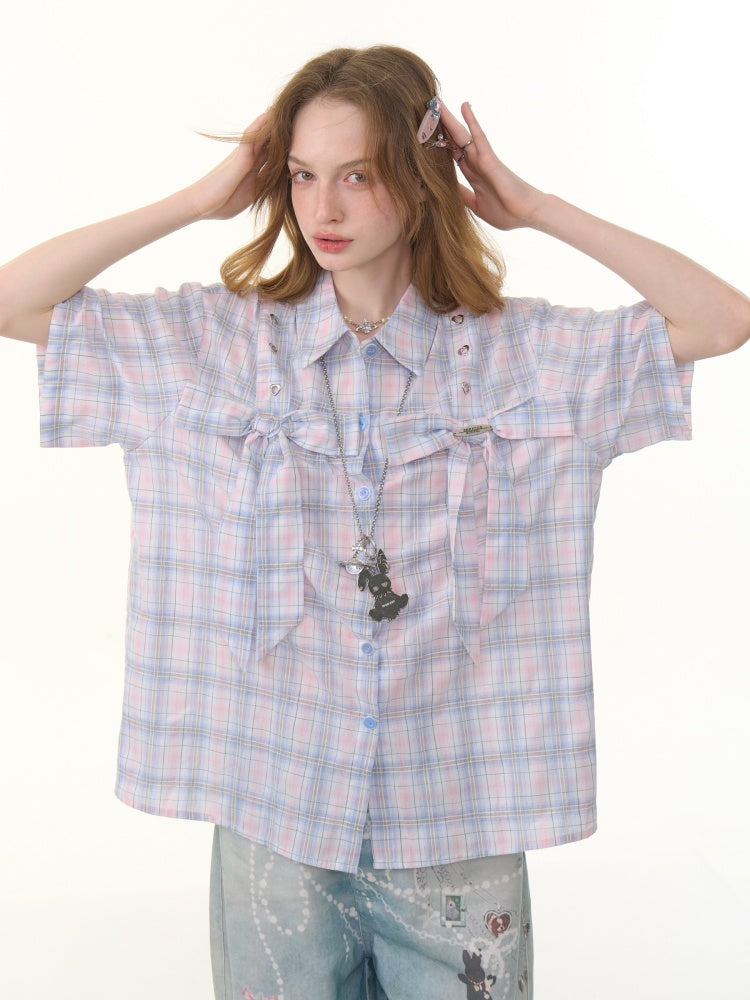 Pastel Check Front Big Ribbon Short Sleeve Shirt【s0000013079】
