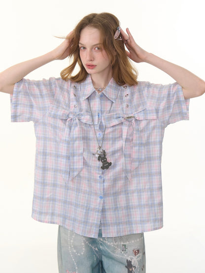 Pastel Check Front Big Ribbon Short Sleeve Shirt【s0000013079】