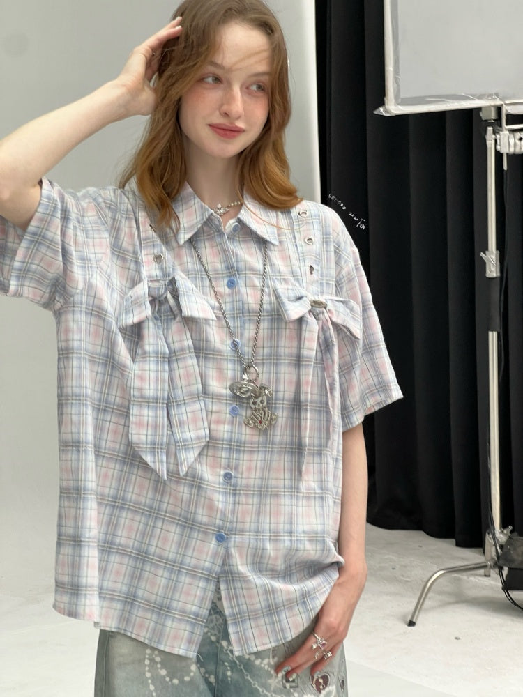 Pastel Check Front Big Ribbon Short Sleeve Shirt【s0000013079】