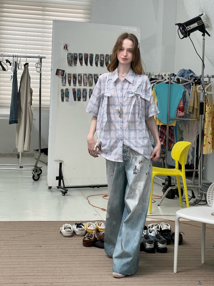 Pastel Check Front Big Ribbon Short Sleeve Shirt【s0000013079】