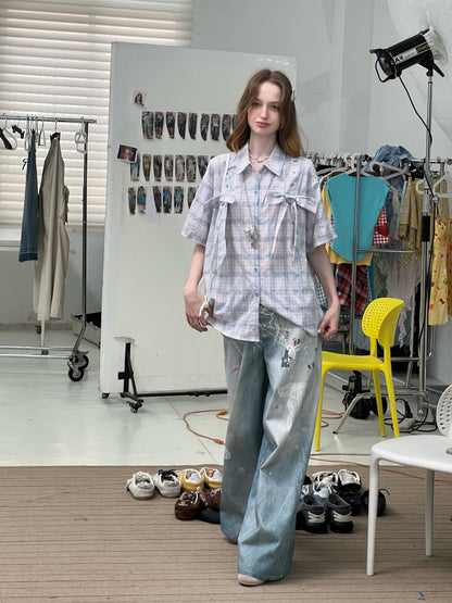 Pastel Check Front Big Ribbon Short Sleeve Shirt【s0000013079】