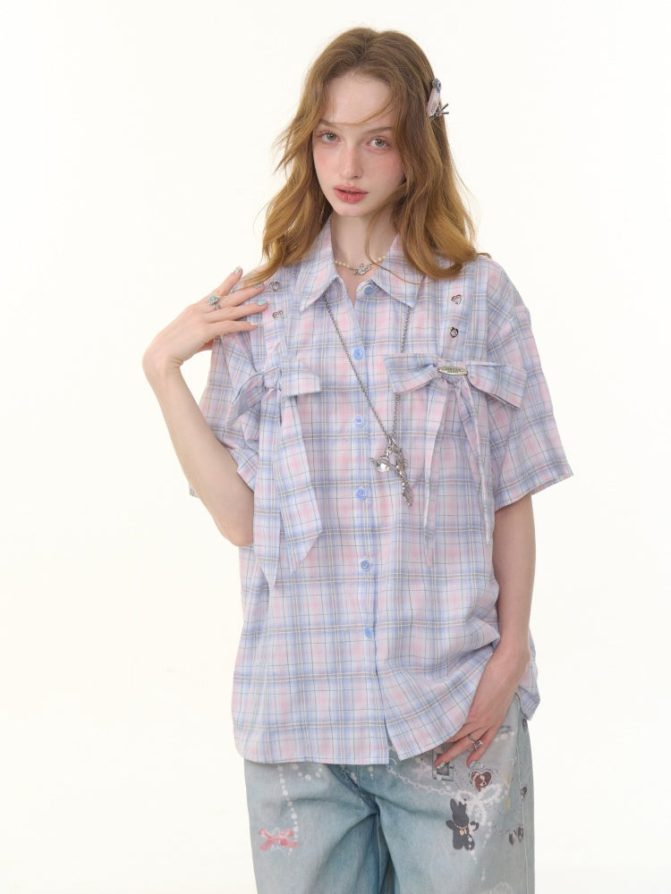 Pastel Check Front Big Ribbon Short Sleeve Shirt【s0000013079】