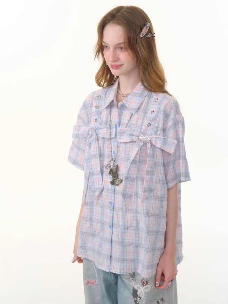 Pastel Check Front Big Ribbon Short Sleeve Shirt【s0000013079】