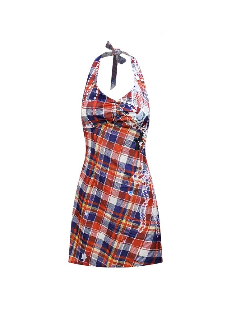 Check Print Waist Cinched Halter Neck Sleeveless Dress【s0000013080】