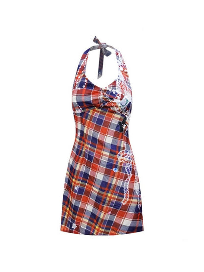 Check Print Waist Cinched Halter Neck Sleeveless Dress【s0000013080】