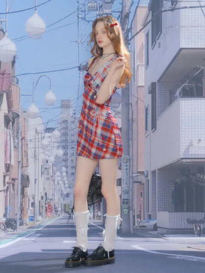 Check Print Waist Cinched Halter Neck Sleeveless Dress【s0000013080】