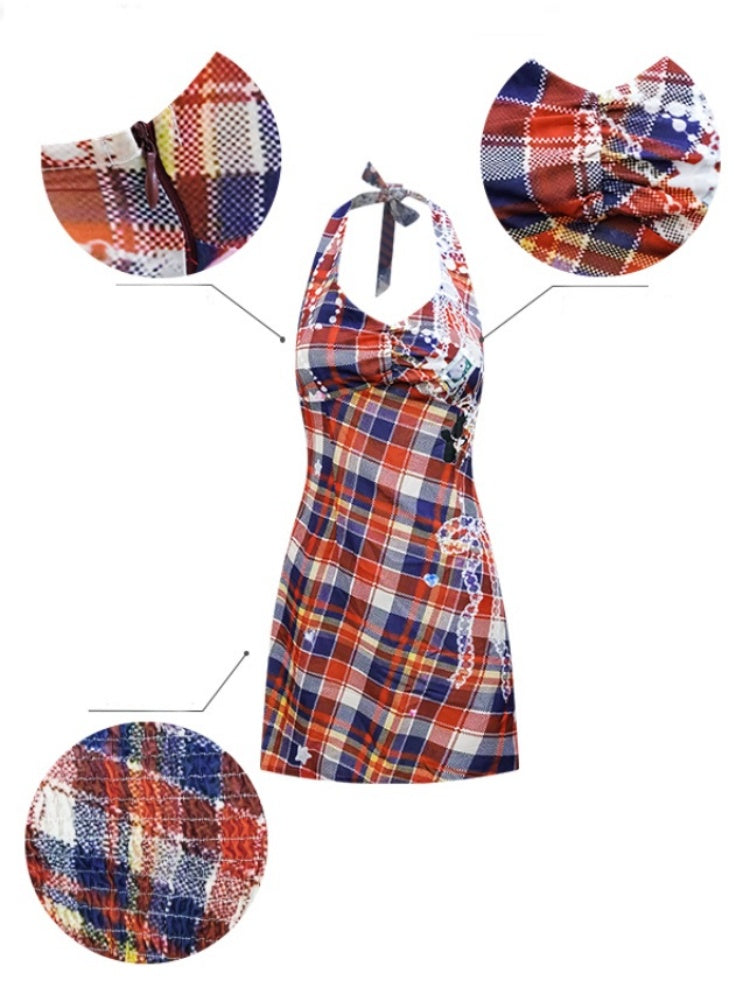 Check Print Waist Cinched Halter Neck Sleeveless Dress【s0000013080】