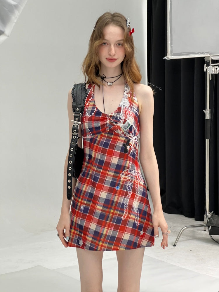 Check Print Waist Cinched Halter Neck Sleeveless Dress【s0000013080】
