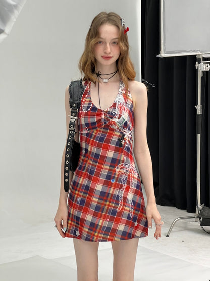 Check Print Waist Cinched Halter Neck Sleeveless Dress【s0000013080】