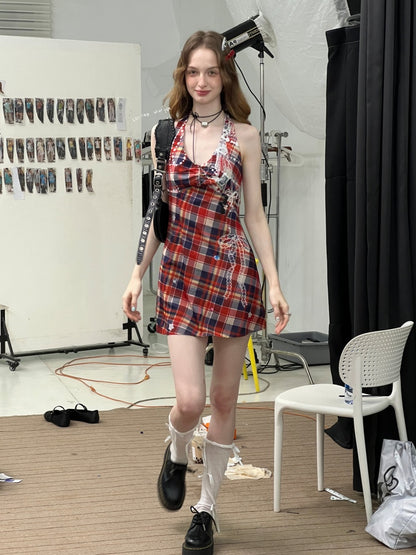 Check Print Waist Cinched Halter Neck Sleeveless Dress【s0000013080】
