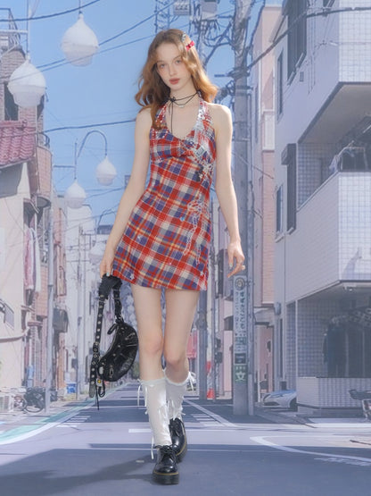 Check Print Waist Cinched Halter Neck Sleeveless Dress【s0000013080】