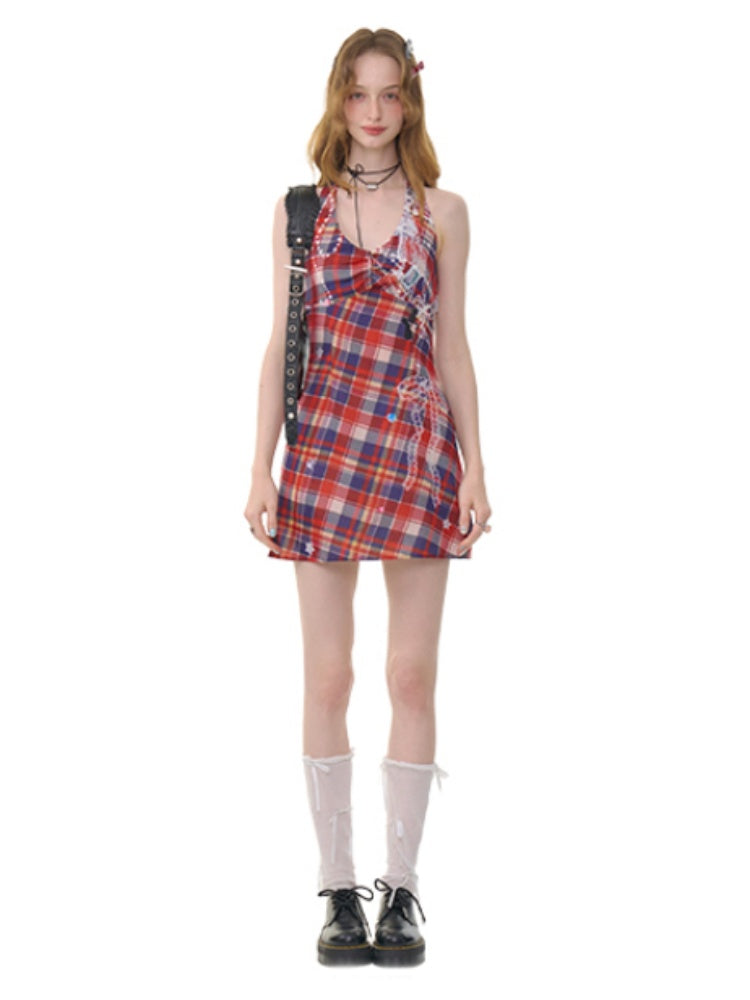 Check Print Waist Cinched Halter Neck Sleeveless Dress【s0000013080】