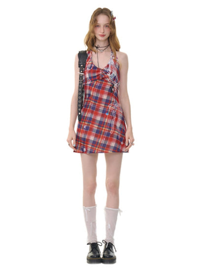 Check Print Waist Cinched Halter Neck Sleeveless Dress【s0000013080】