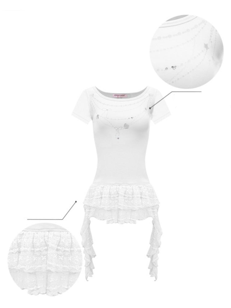 Chain Print Pleated Ruffle Hem Short Sleeve T-Shirt【s0000013082】