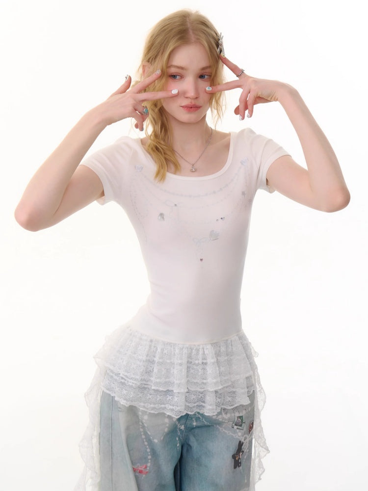 Chain Print Pleated Ruffle Hem Short Sleeve T-Shirt【s0000013082】