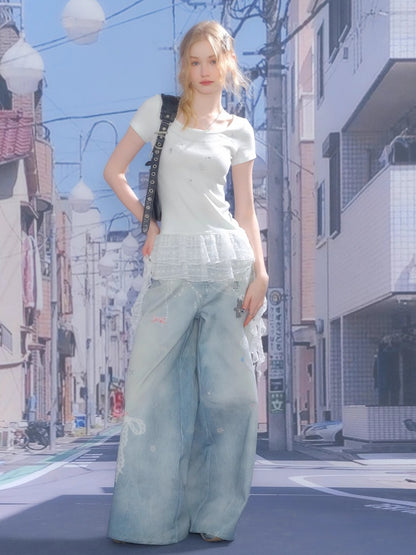 Chain Print Pleated Ruffle Hem Short Sleeve T-Shirt【s0000013082】