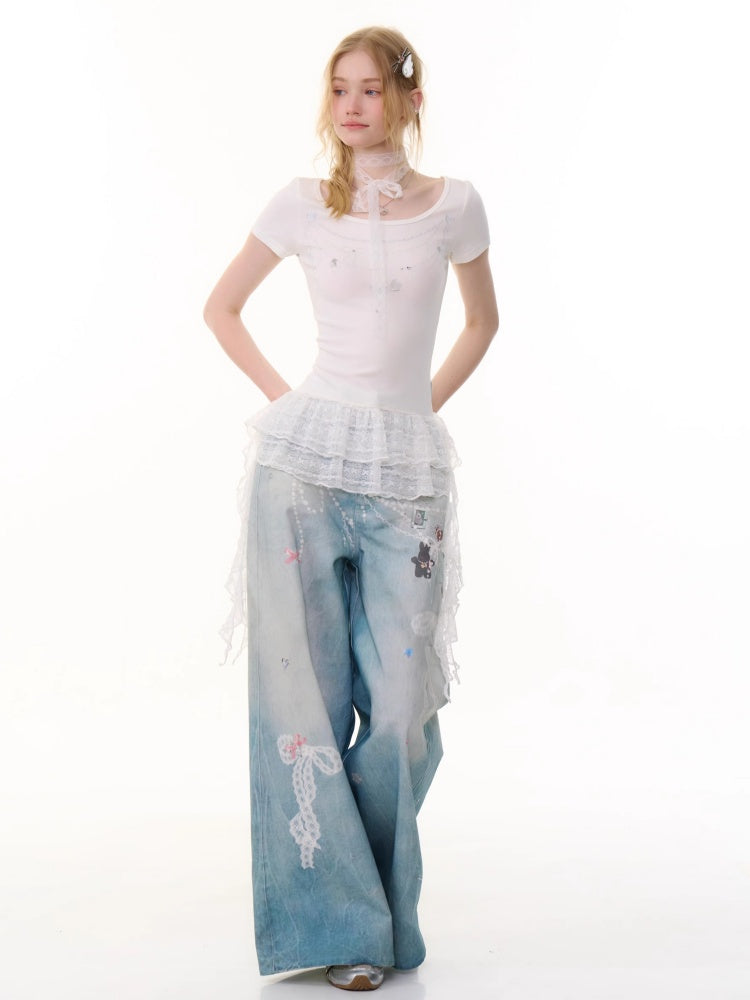 Chain Print Pleated Ruffle Hem Short Sleeve T-Shirt【s0000013082】