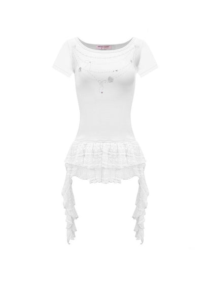 Chain Print Pleated Ruffle Hem Short Sleeve T-Shirt【s0000013082】