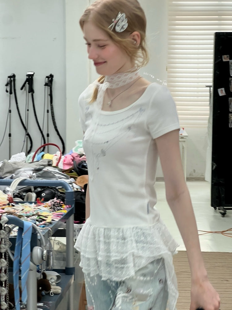 Chain Print Pleated Ruffle Hem Short Sleeve T-Shirt【s0000013082】