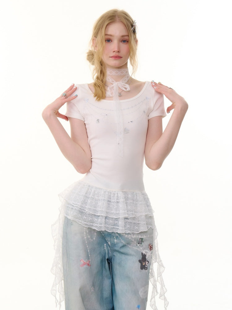 Chain Print Pleated Ruffle Hem Short Sleeve T-Shirt【s0000013082】