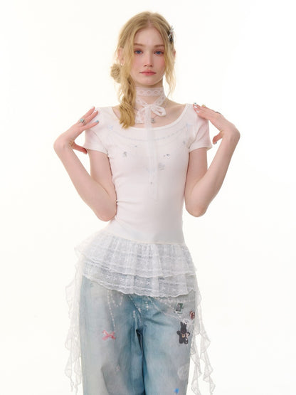 Chain Print Pleated Ruffle Hem Short Sleeve T-Shirt【s0000013082】