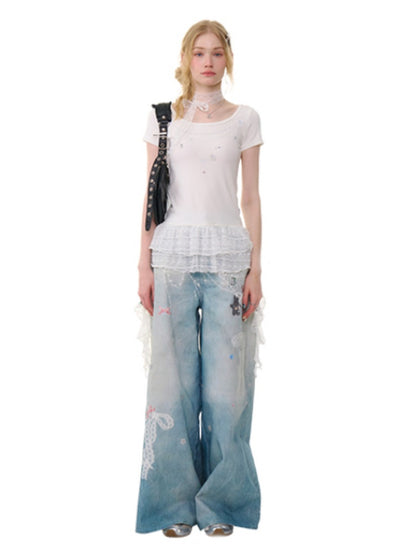 Chain Print Pleated Ruffle Hem Short Sleeve T-Shirt【s0000013082】